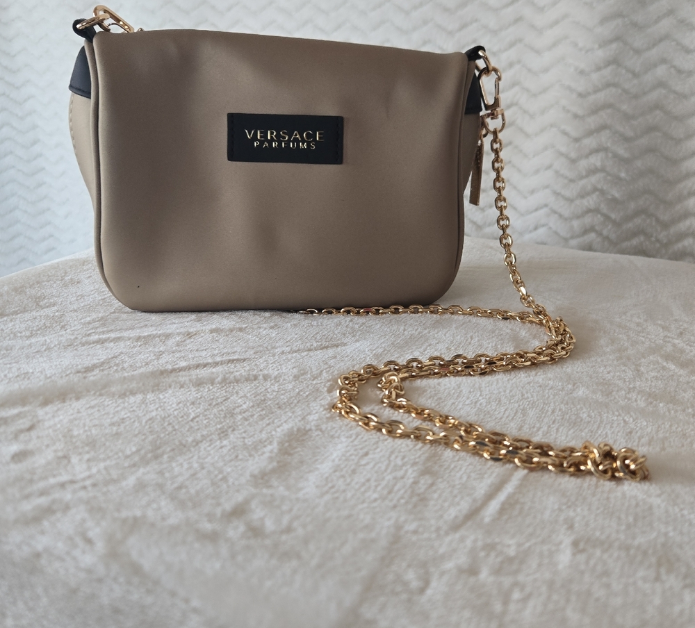 Versace Parfums  Beige and Black Crossbody Bag with Gold Chain